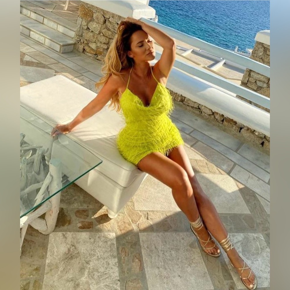 Vibrant Lime Yellow Feathered Mini Dress (size S)